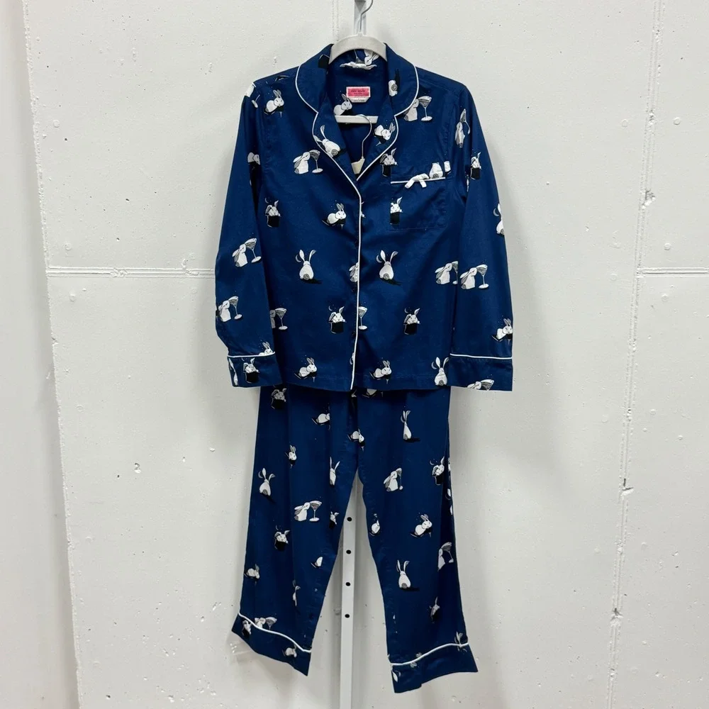 Kate Spade Magic Rabbit Martini Cotton Pajama Set 2 Piece Small Navy Blue Lounge